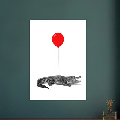 Krokodil med röd ballong, minimalistisk konst, svartvit illustration