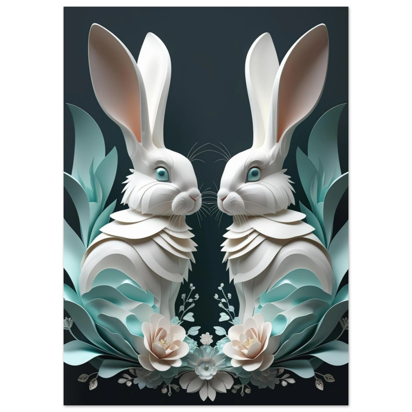 Konstnärlig 3D-illustration av vita kaniner i en blommig inramning