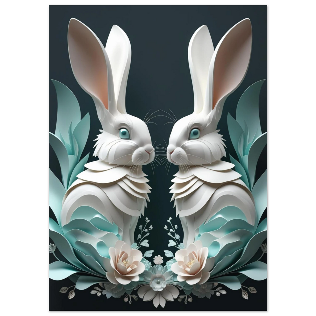 Konstnärlig 3D-illustration av vita kaniner i en blommig inramning