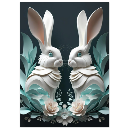 Konstnärlig 3D-illustration av vita kaniner i en blommig inramning