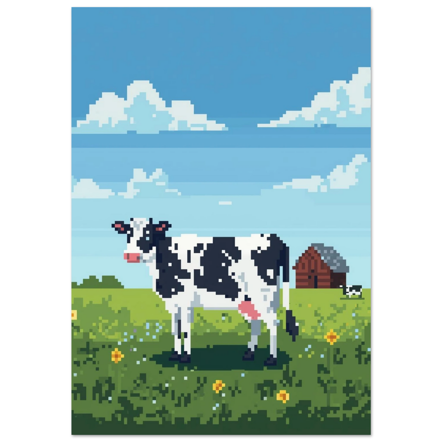 Svartvit ko på grön sommaräng i pixelkonst – lantlig djurposter