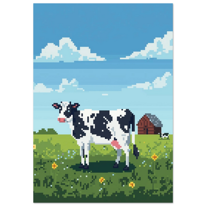 Svartvit ko på grön sommaräng i pixelkonst – lantlig djurposter
