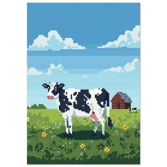 Svartvit ko på grön sommaräng i pixelkonst – lantlig djurposter