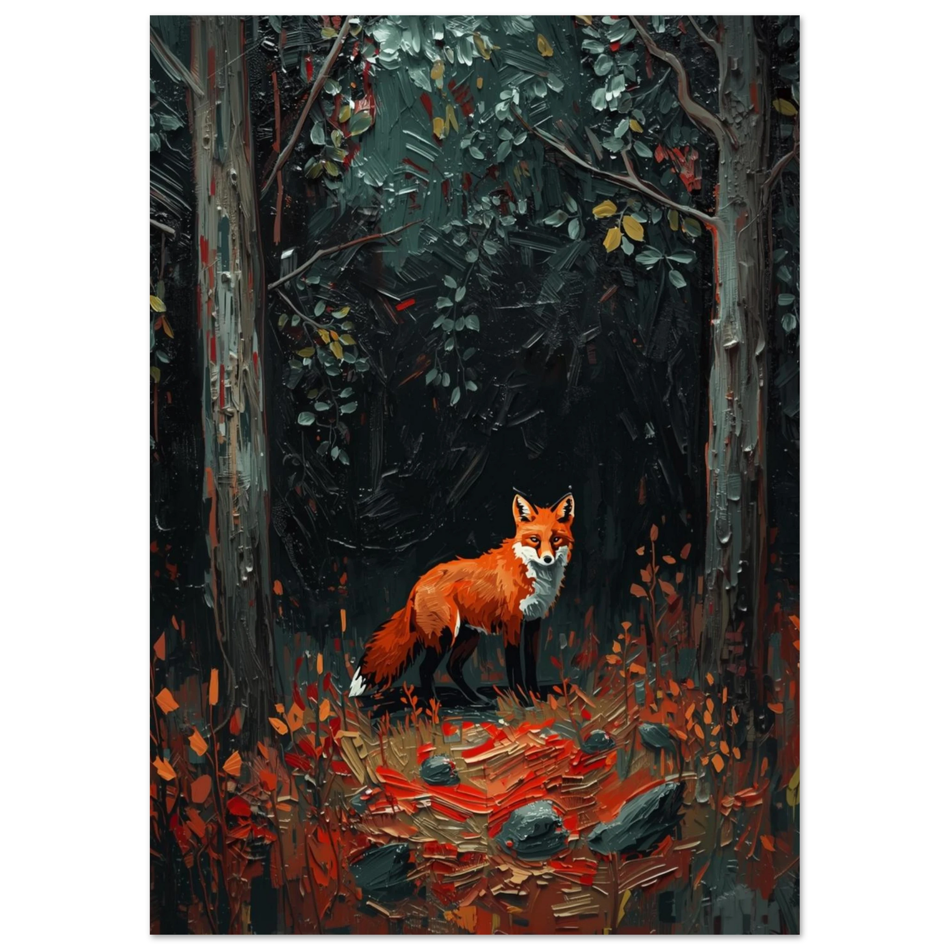 Räv i mystisk skog med höstfärger i impastostil – djurmotiv print