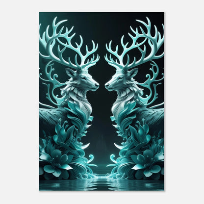 Mytisk hjortposter i turkosa toner med symmetrisk komposition och reflektioner