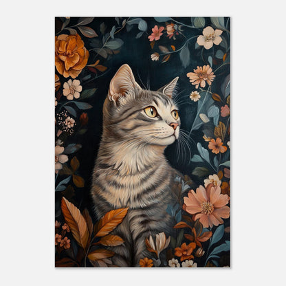 Konstnärligt print av en katt i en drömsk flora av vilda blommor