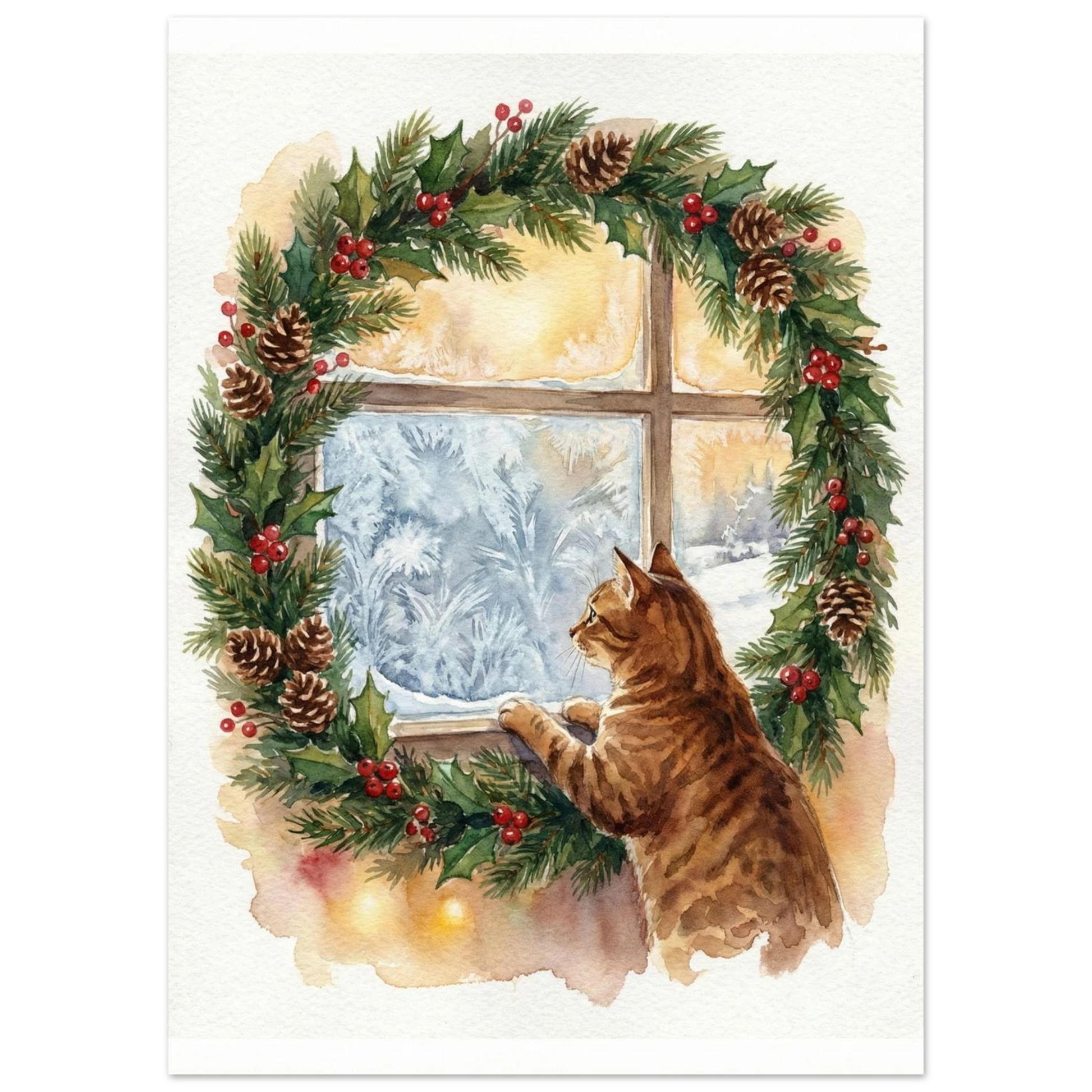 Kattmotiv i akvarell föreställande en tabbykatt som tittar ut på snö