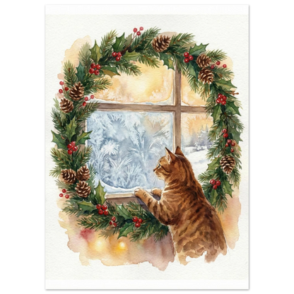 Kattmotiv i akvarell föreställande en tabbykatt som tittar ut på snö