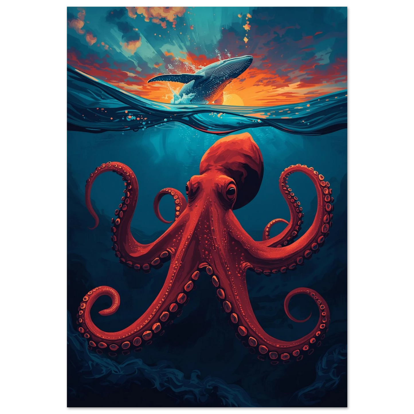 Röd bläckfisk under ytan och hoppande val i solnedgång – marin poster