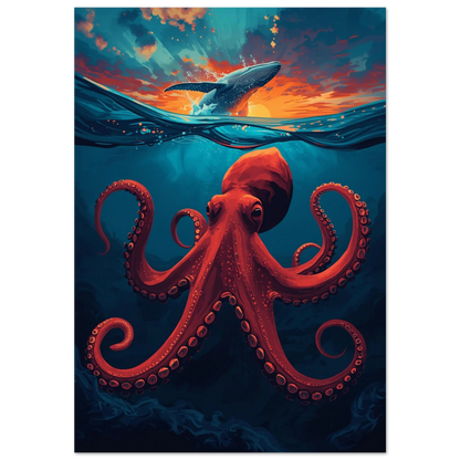 Röd bläckfisk under ytan och hoppande val i solnedgång – marin poster