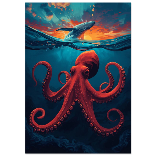 Röd bläckfisk under ytan och hoppande val i solnedgång – marin poster