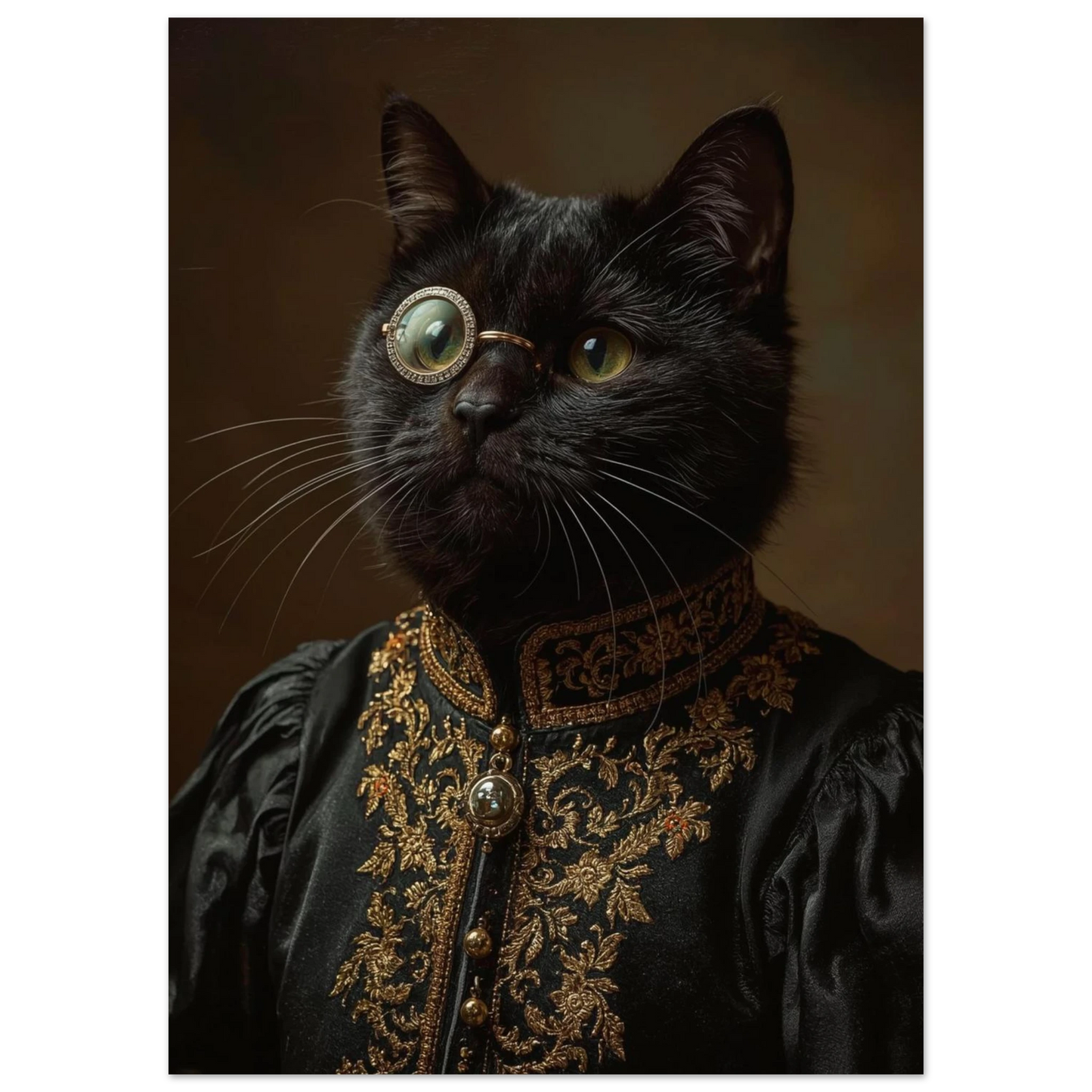 Aristokratisk kattposter med monokel och intrikata guldbroderier på svart sammet