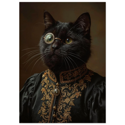 Aristokratisk kattposter med monokel och intrikata guldbroderier på svart sammet