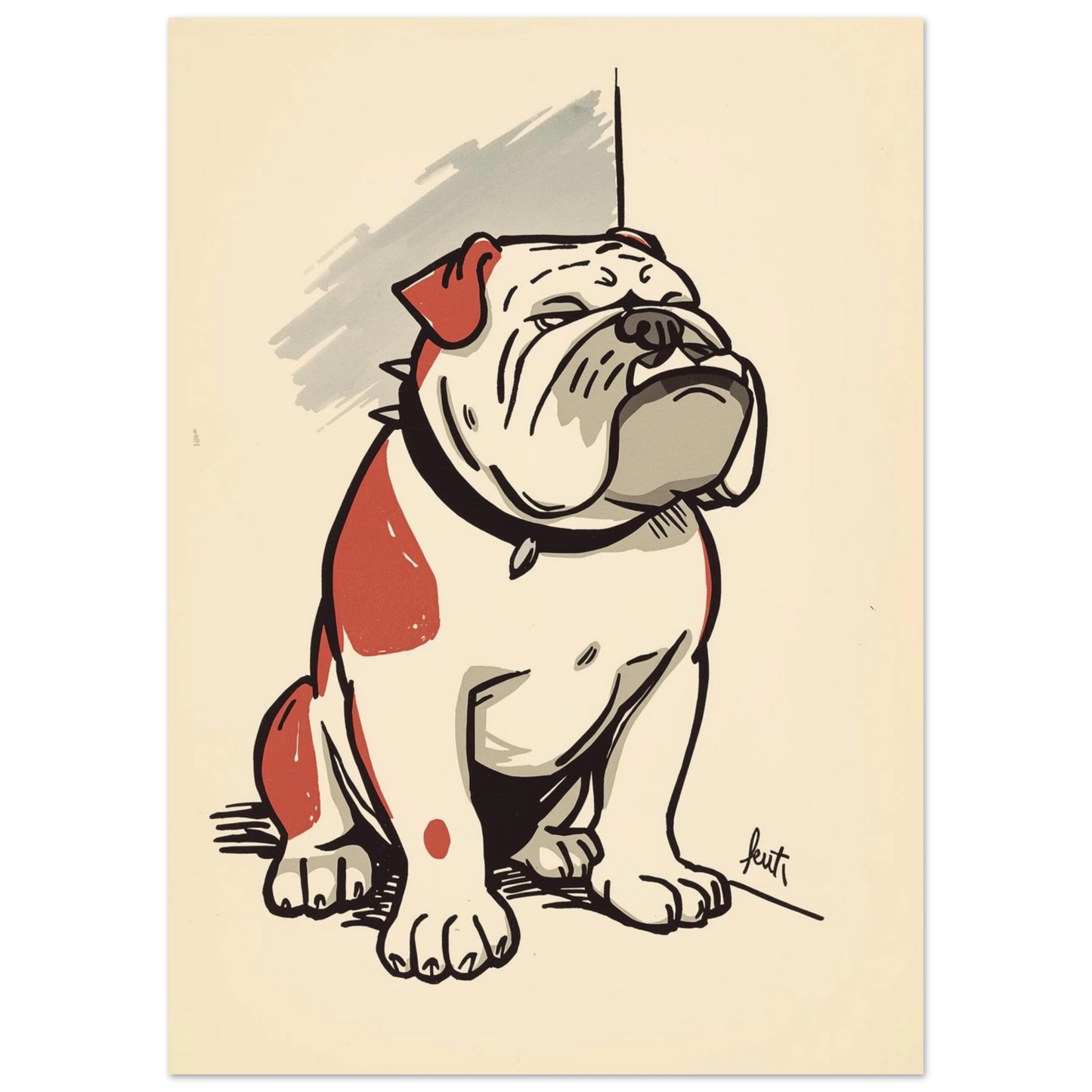 Illustration av sittande bulldogg med rödörat och markerade rynkor