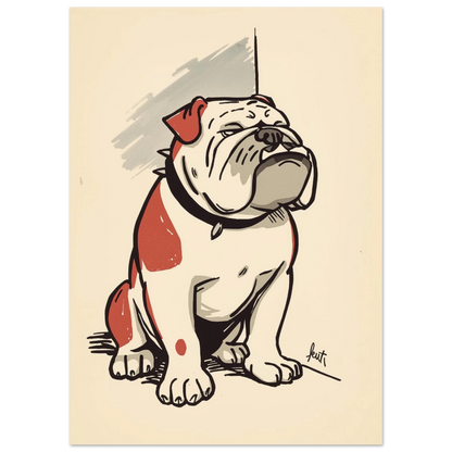 Illustration av sittande bulldogg med rödörat och markerade rynkor