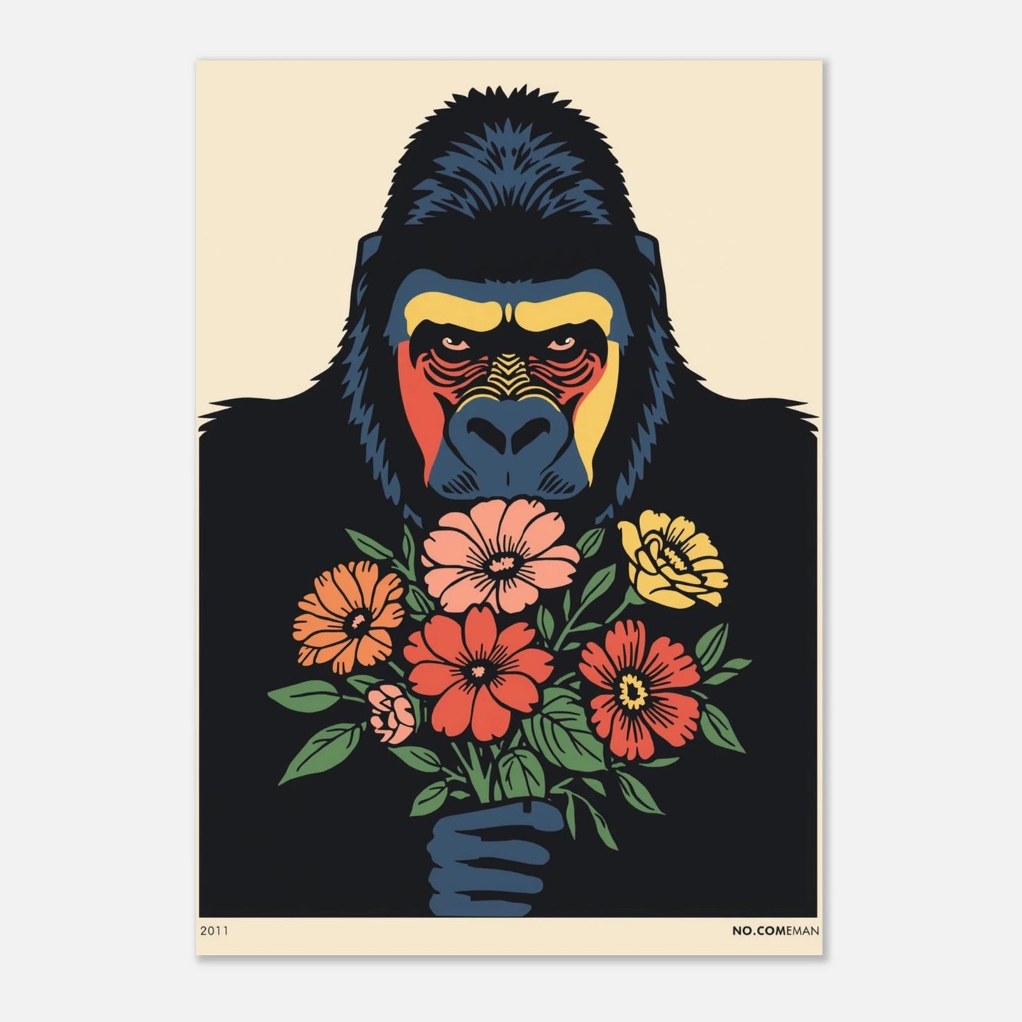 Djurposter föreställande en gorilla med blommor i en lekfull stil