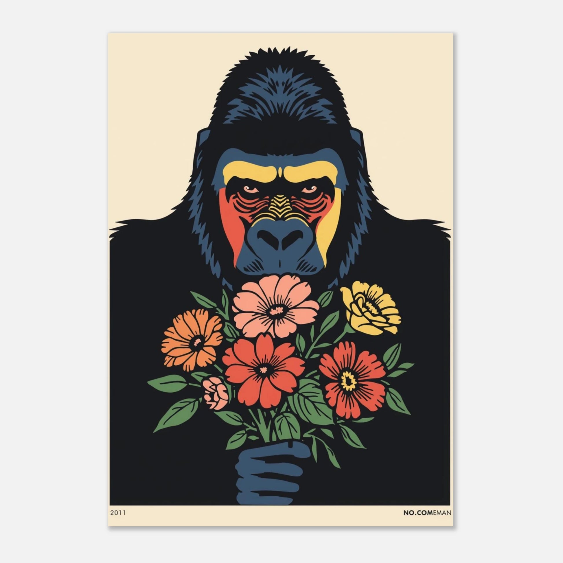 Djurposter föreställande en gorilla med blommor i en lekfull stil