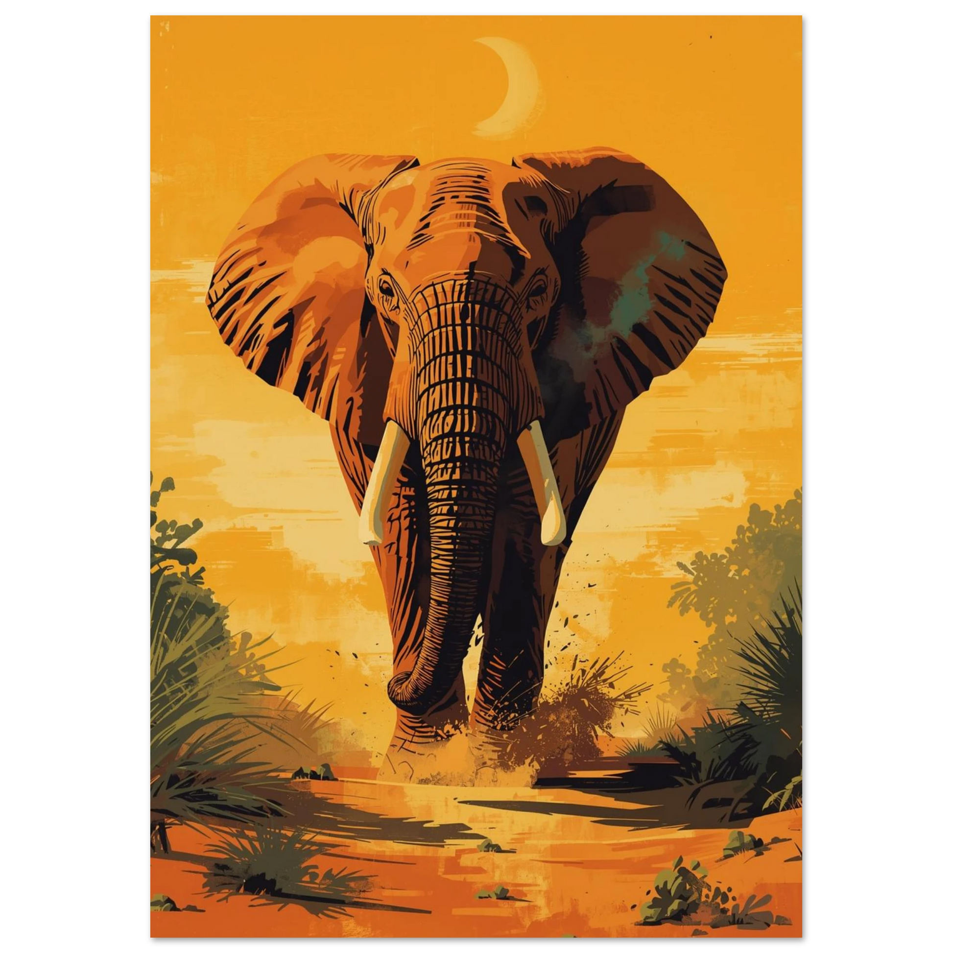 Kraftfull elefant som vandrar genom dammigt savannlandskap – grafiskt djurmotiv