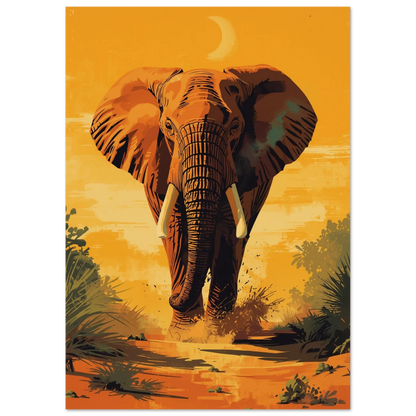 Kraftfull elefant som vandrar genom dammigt savannlandskap – grafiskt djurmotiv