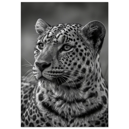 Närbild på leopard med intensiv blick i svartvitt fotomanér