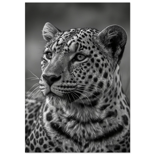 Närbild på leopard med intensiv blick i svartvitt fotomanér