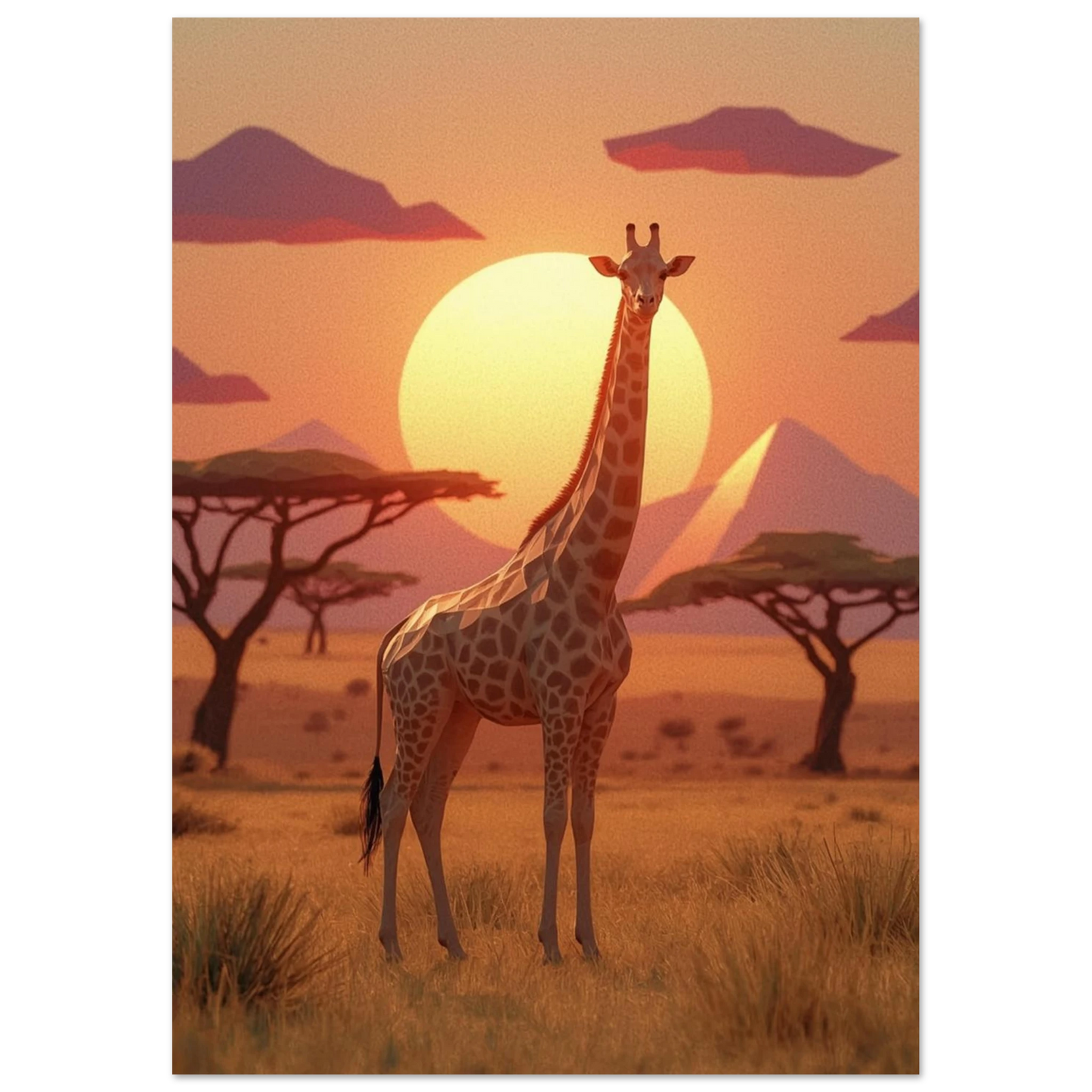 Modern illustration av en giraff med geometriska former i skymningsljus