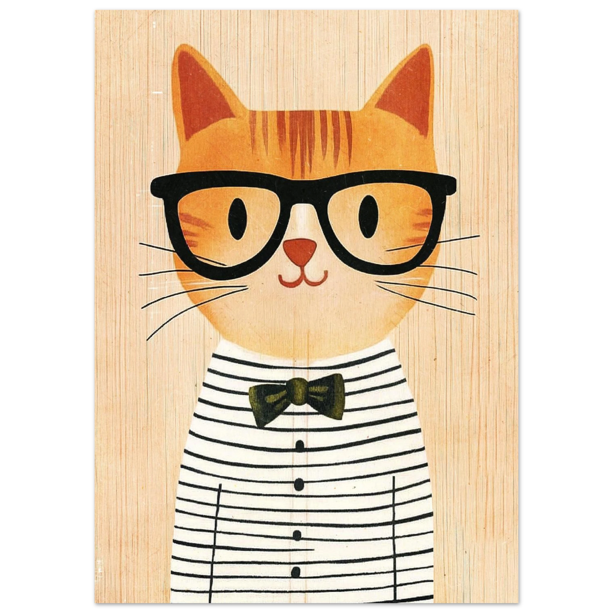 Närbild på illustrerad katt i svartvitrandig tröja mot ljus träbakgrund