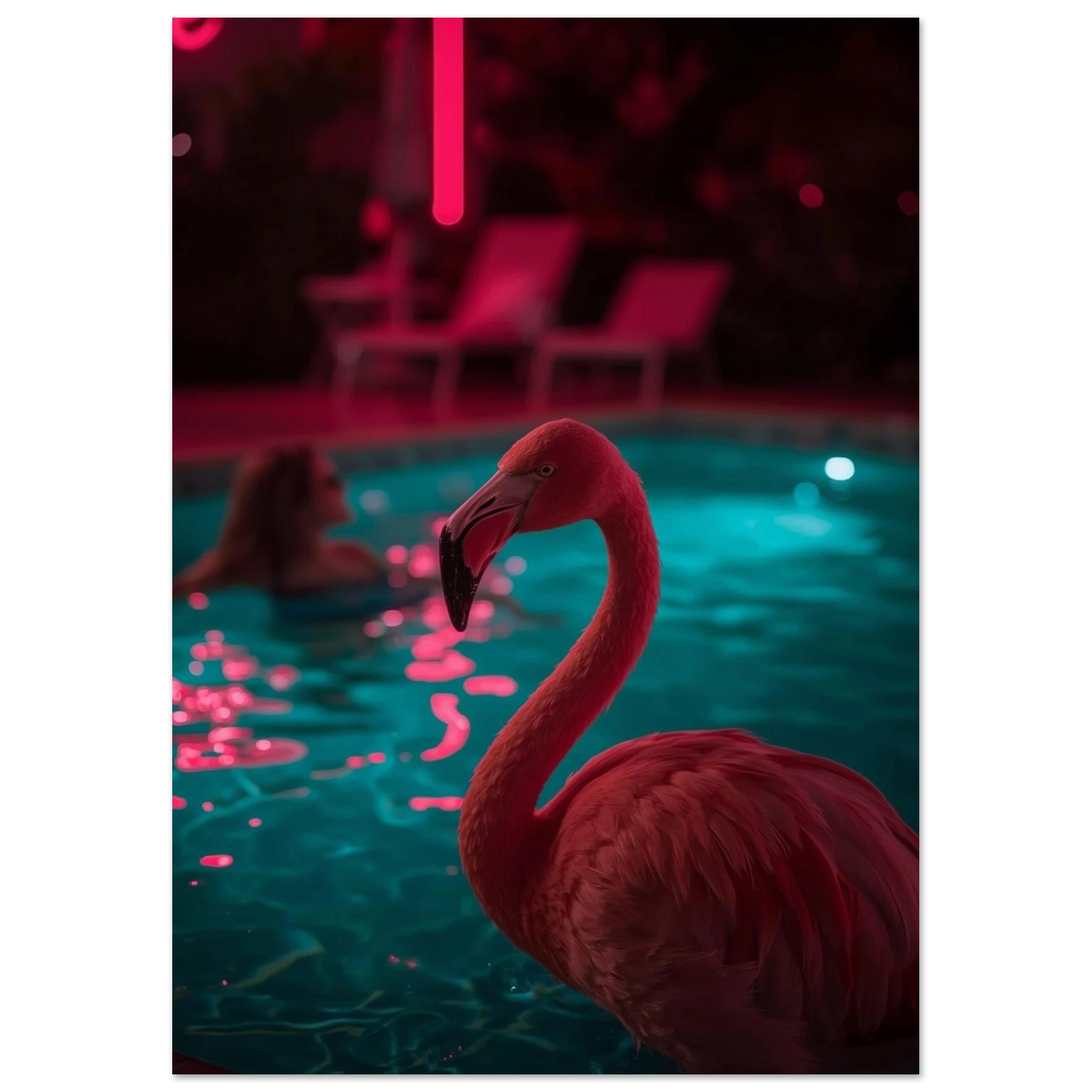 Exotisk flamingo omgiven av turkost vatten och rosa neonljus – djurmotiv