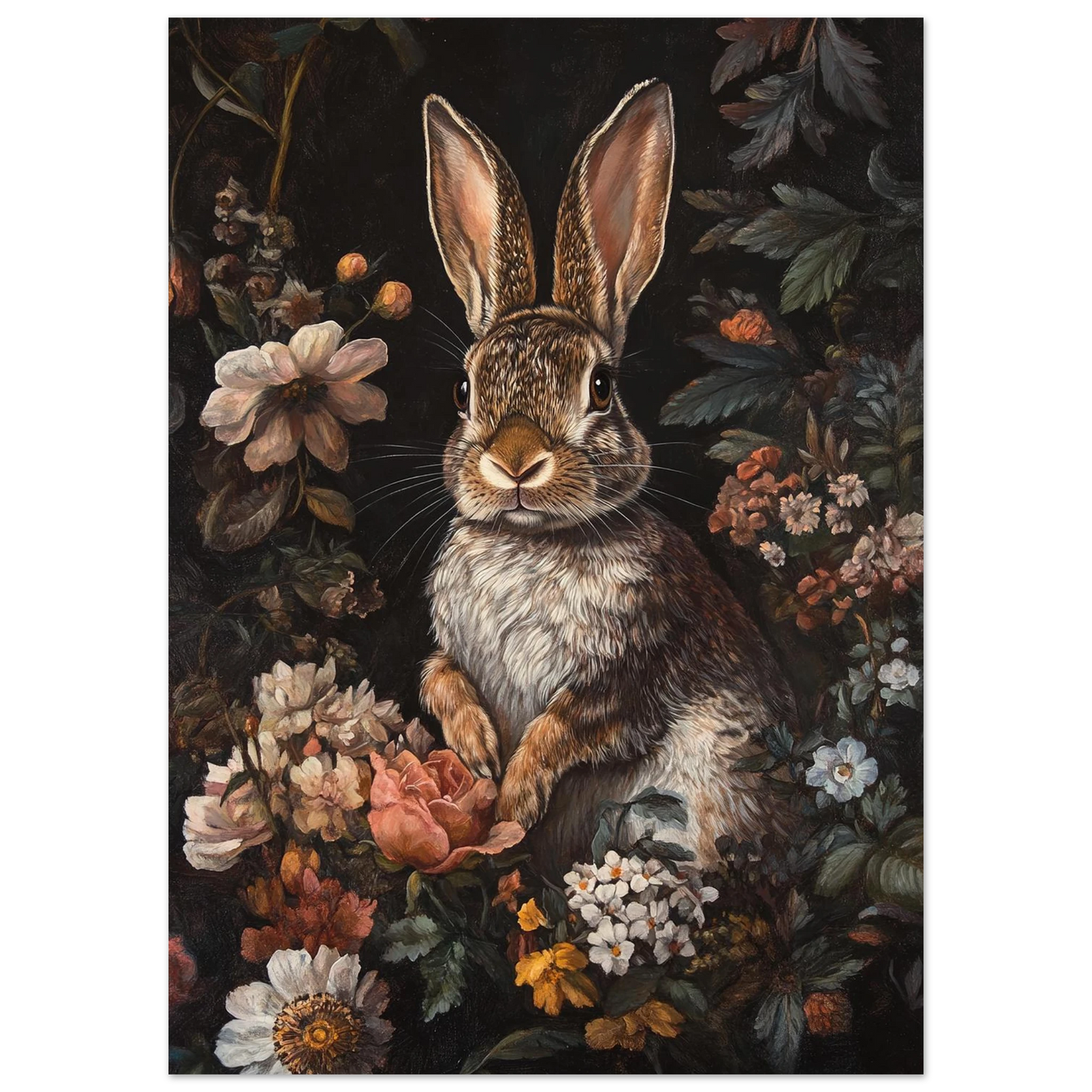 Sittande hare i en prunkande blomstergård, klassisk konststil för vägg