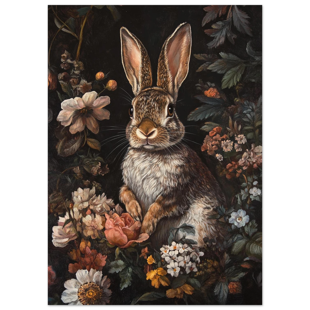 Sittande hare i en prunkande blomstergård, klassisk konststil för vägg