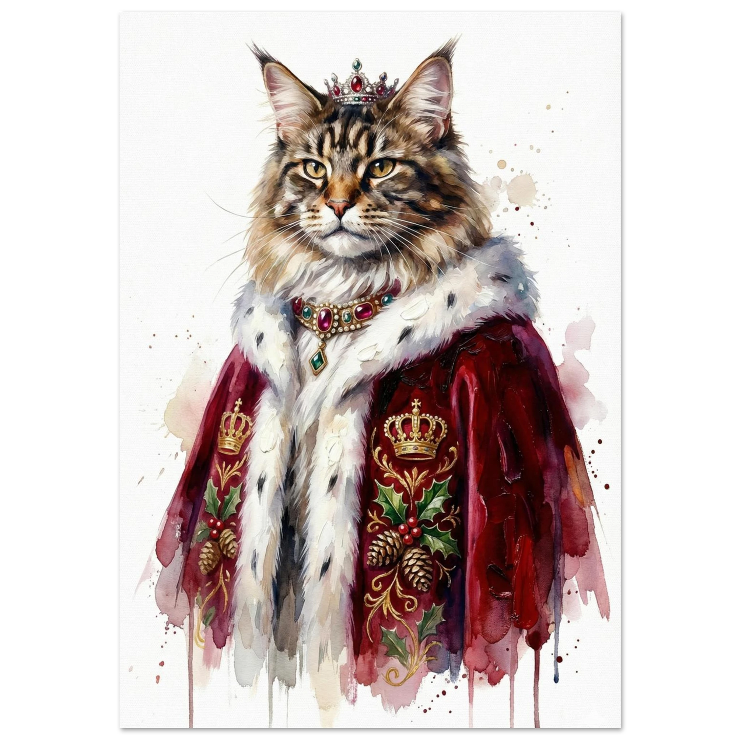 Kunglig Maine Coon-katt i röd sammetsmantel och krona – akvarellposter