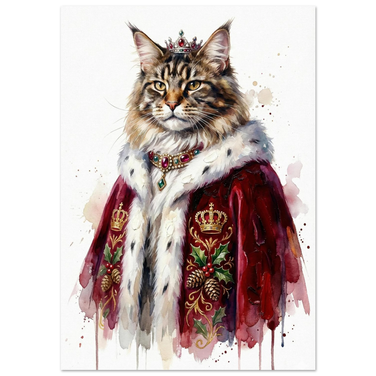 Kunglig Maine Coon-katt i röd sammetsmantel och krona – akvarellposter