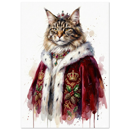 Kunglig Maine Coon-katt i röd sammetsmantel och krona – akvarellposter