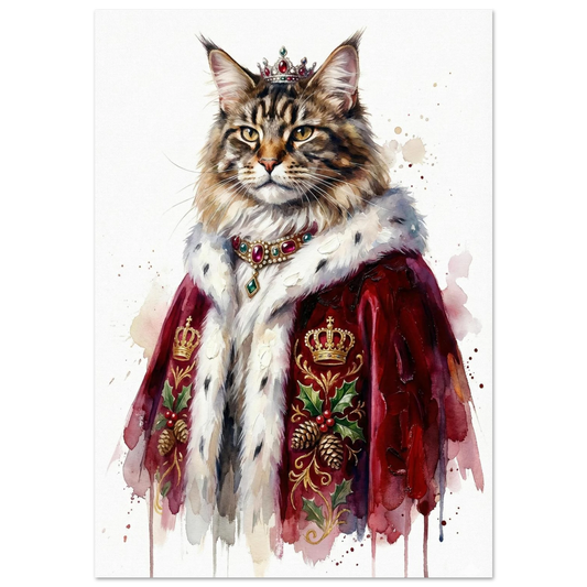 Kunglig Maine Coon-katt i röd sammetsmantel och krona – akvarellposter