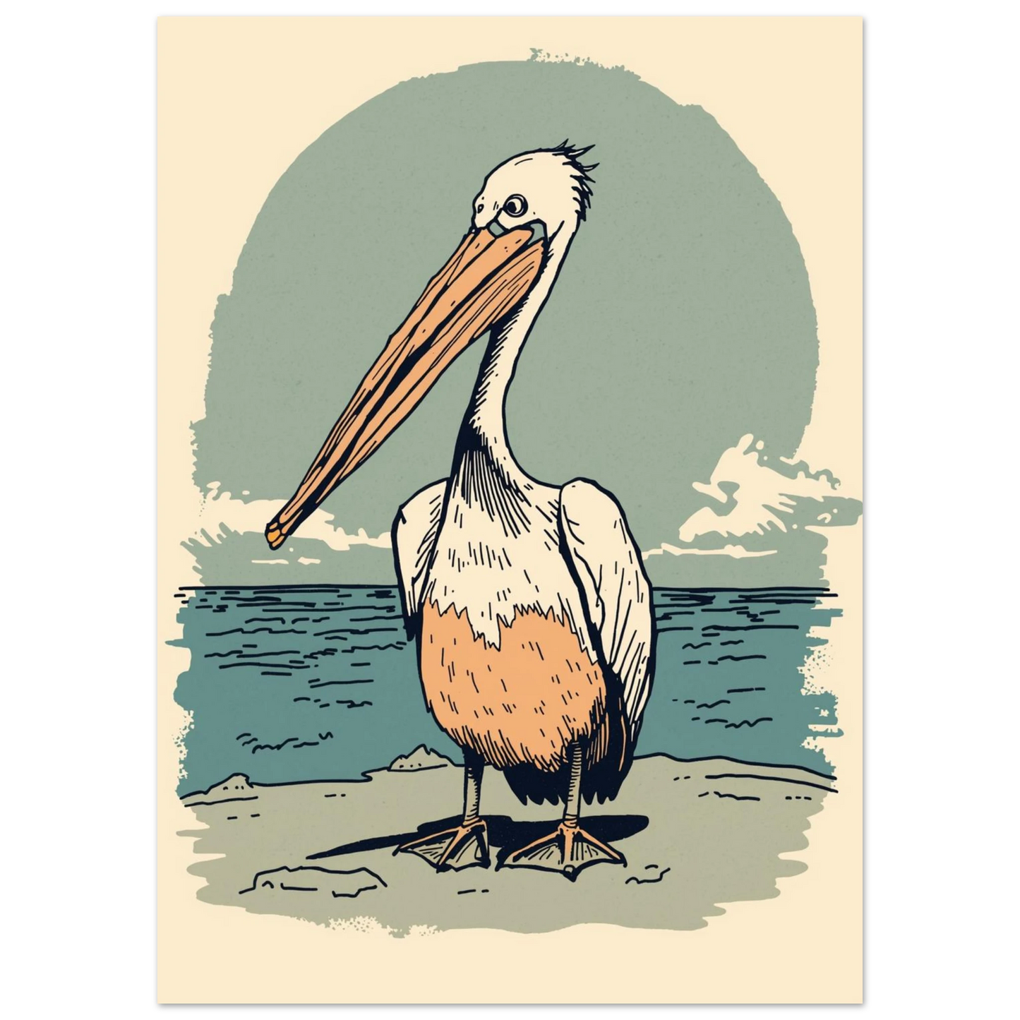 Pelikan vid havet i retrostil med mjuka beige och blå toner