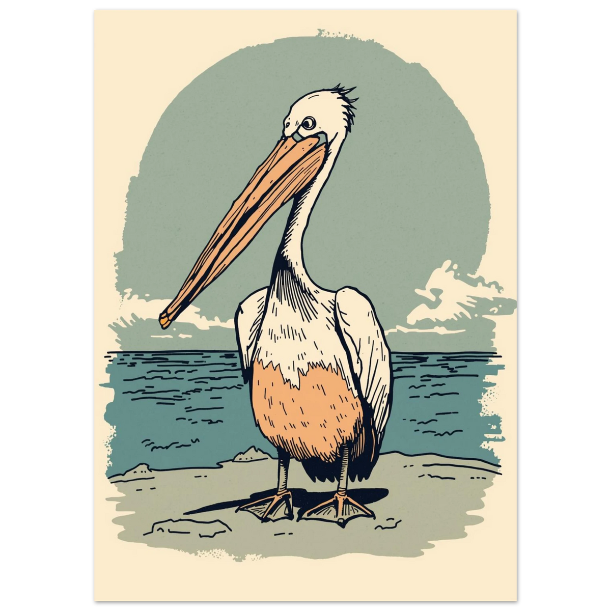 Pelikan vid havet i retrostil med mjuka beige och blå toner