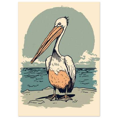 Pelikan vid havet i retrostil med mjuka beige och blå toner