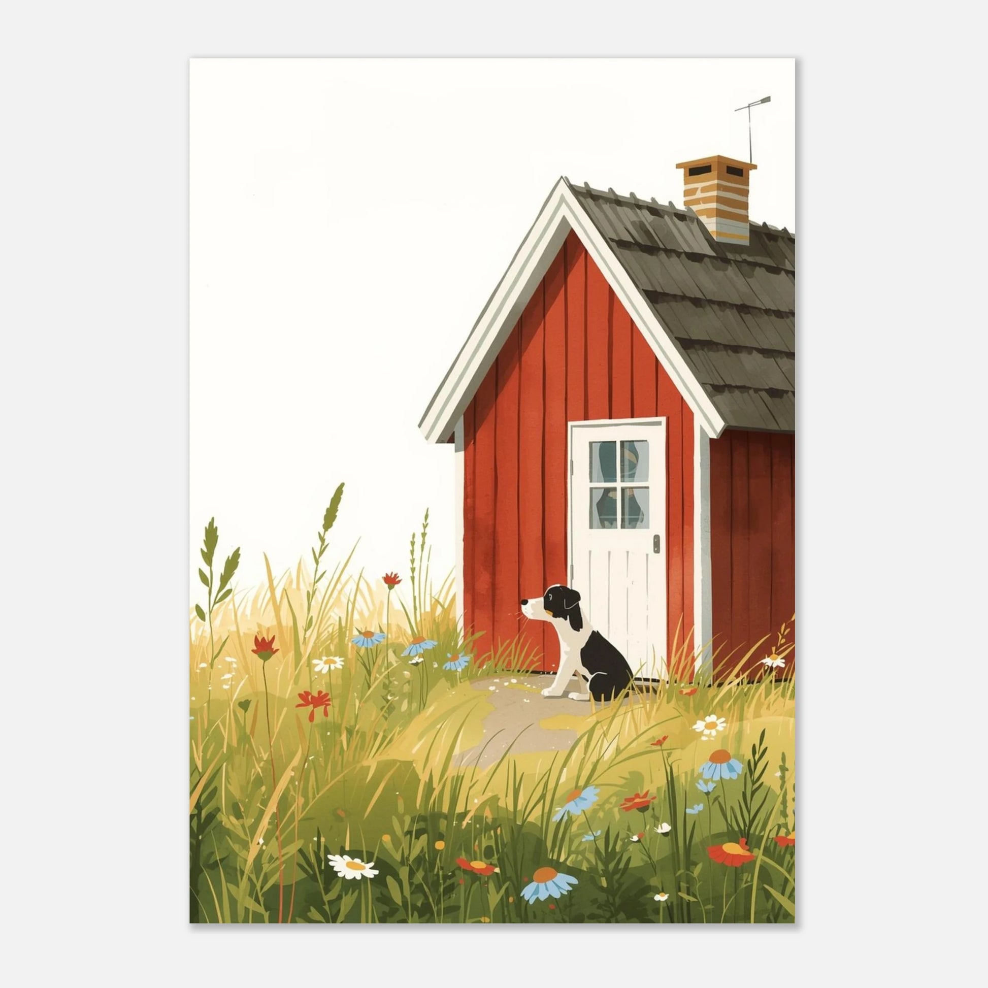 Grafiskt djurmotiv med hund, röd stuga och vilda blommor i sommarsol