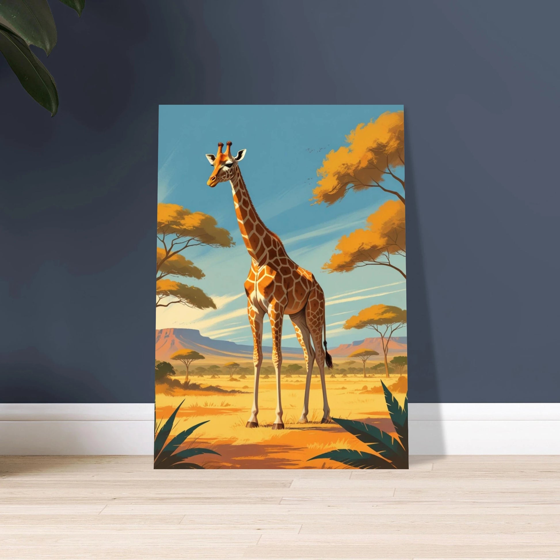 Majestätisk giraff på afrikansk savann i vintage reseaffischstil