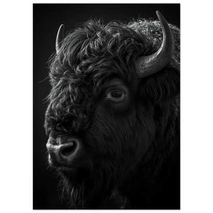 Ståtlig bisonoxe med detaljerade horn i monokrom fotokonst – djurmotiv