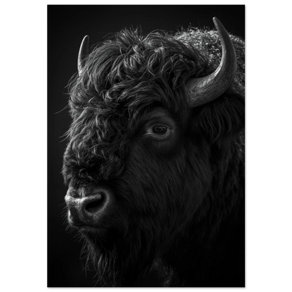 Bisonoxe i närbild med mörka skuggor – svartvit djurposter för vägg