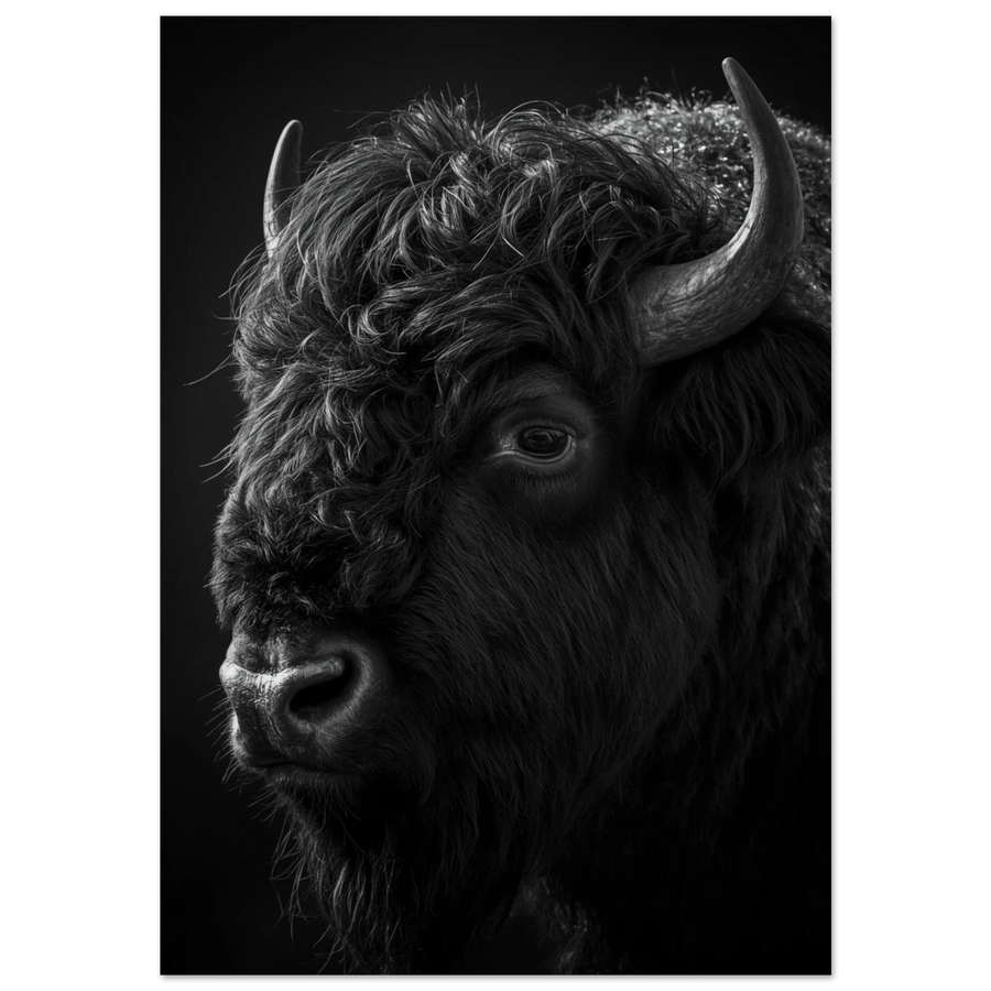 Bisonoxe i närbild med mörka skuggor – svartvit djurposter för vägg