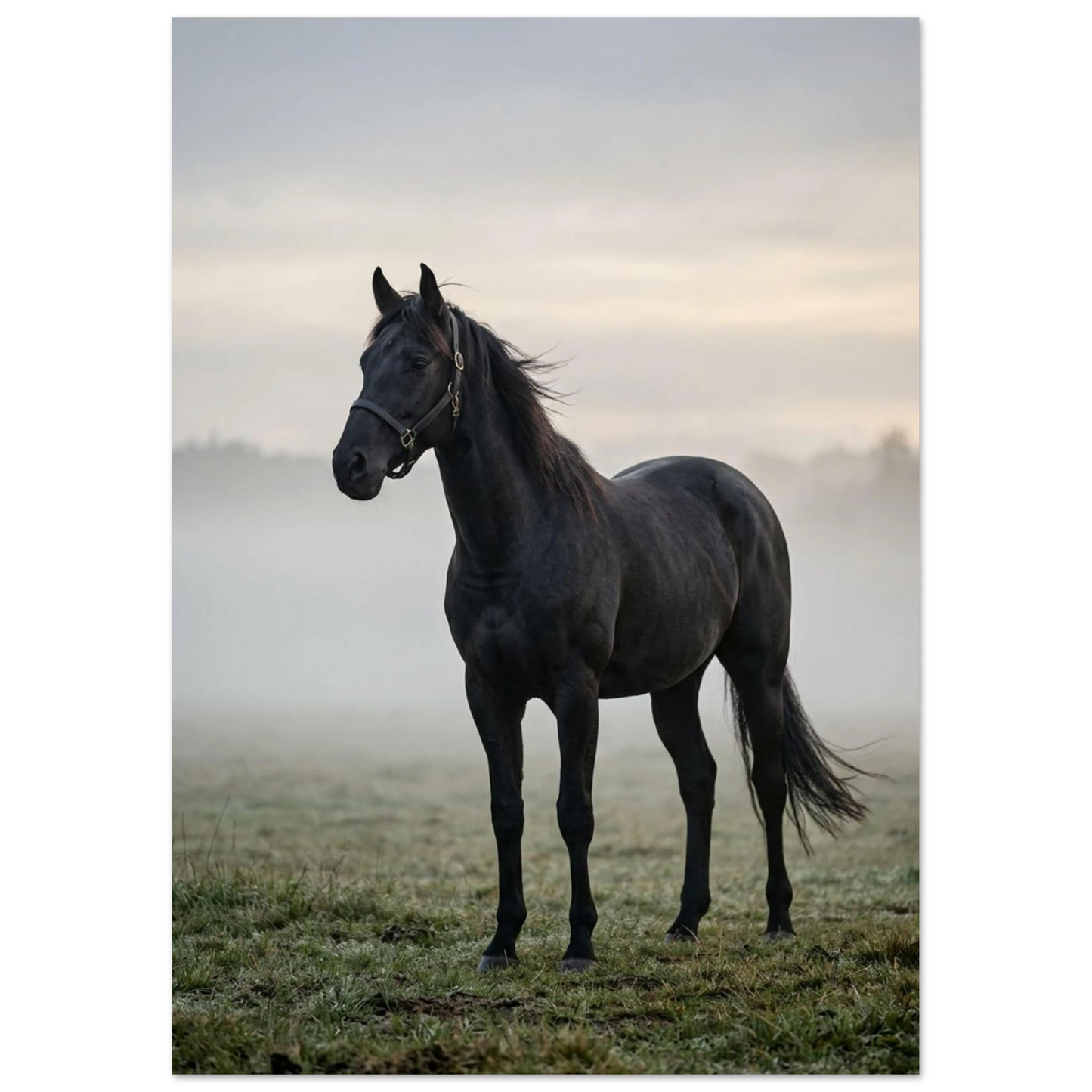 Elegant svart häst i morgondis, lugn och mystisk stämning