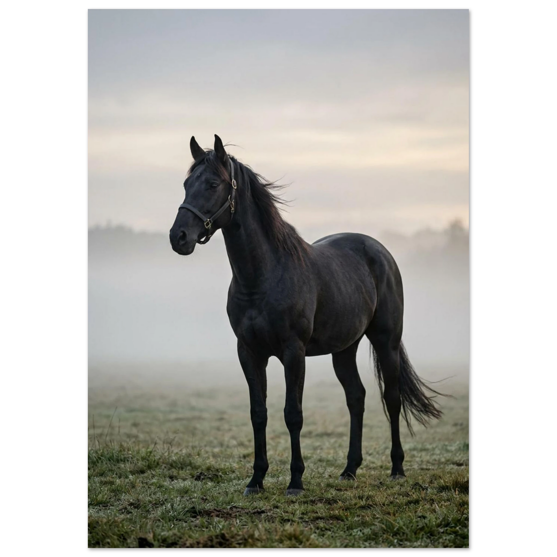 Elegant svart häst i morgondis, lugn och mystisk stämning