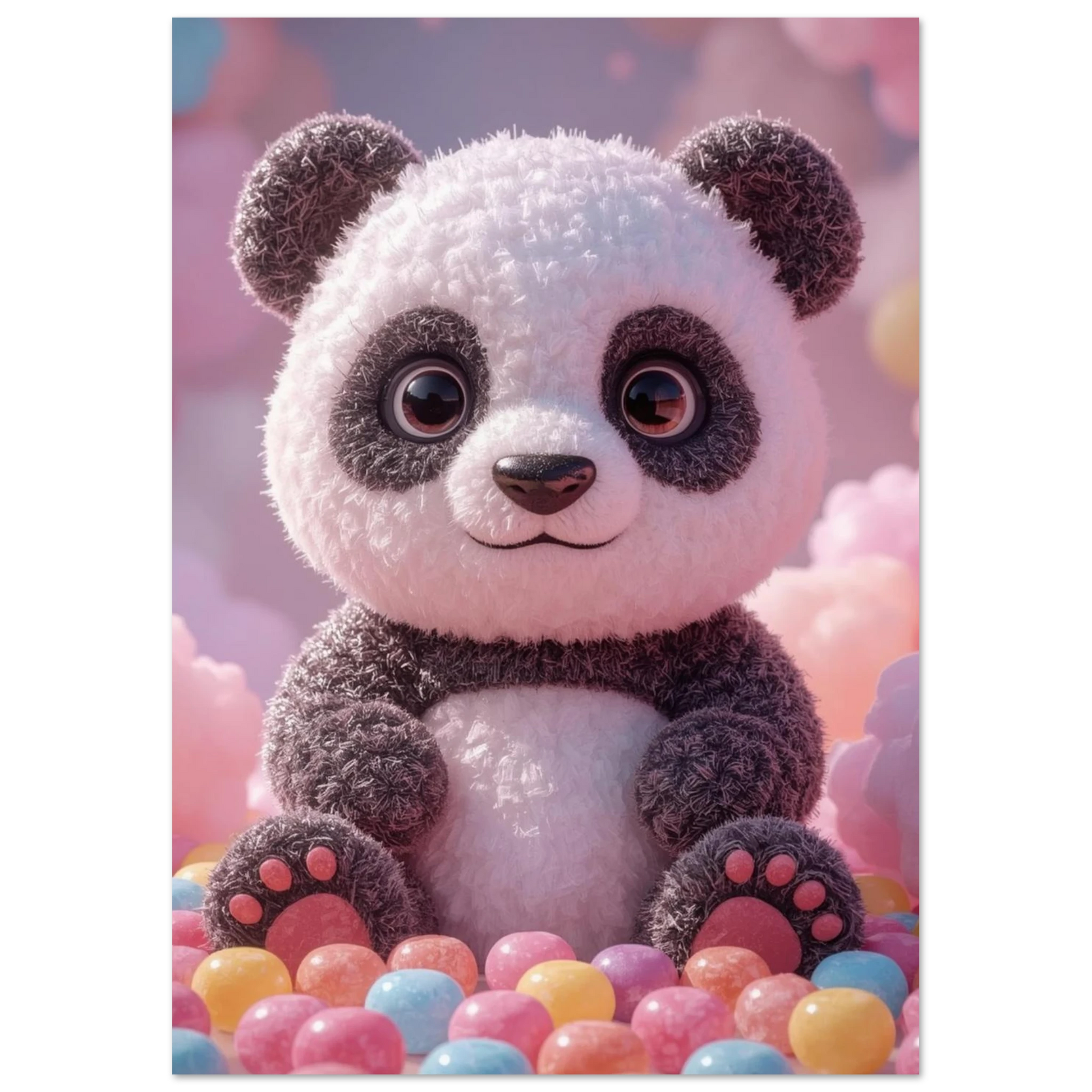 Digital illustration av en panda skapad av mjukt sockervaddsliknande material