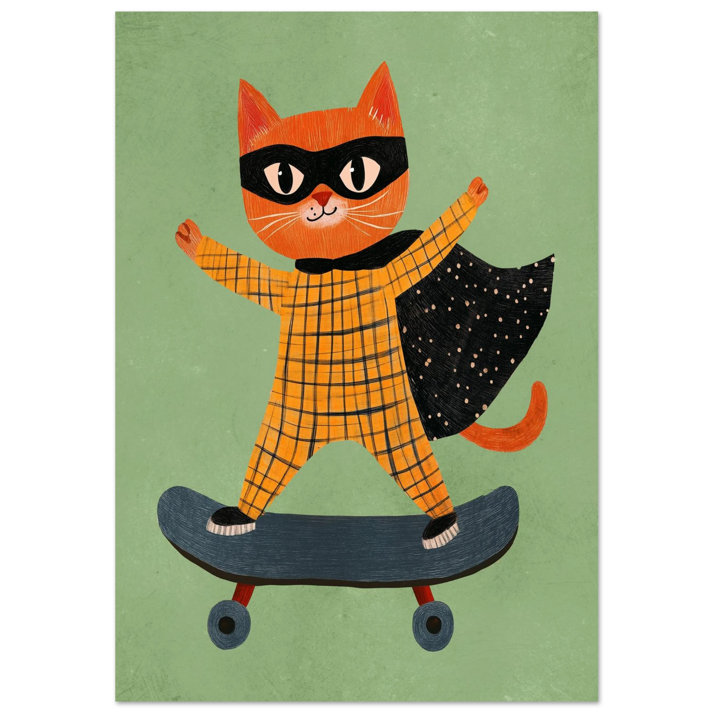 Orange superhjältekatt på skateboard i gulrutig dräkt – lekfull barnposter