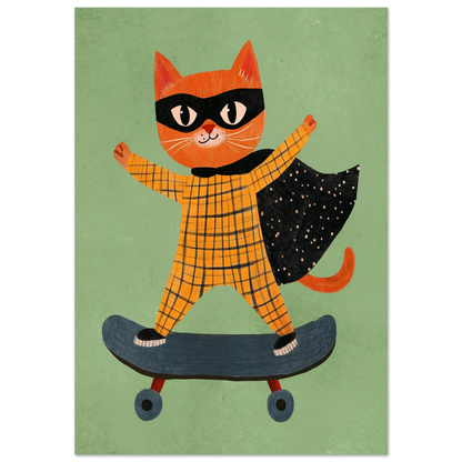 Orange superhjältekatt på skateboard i gulrutig dräkt – lekfull barnposter