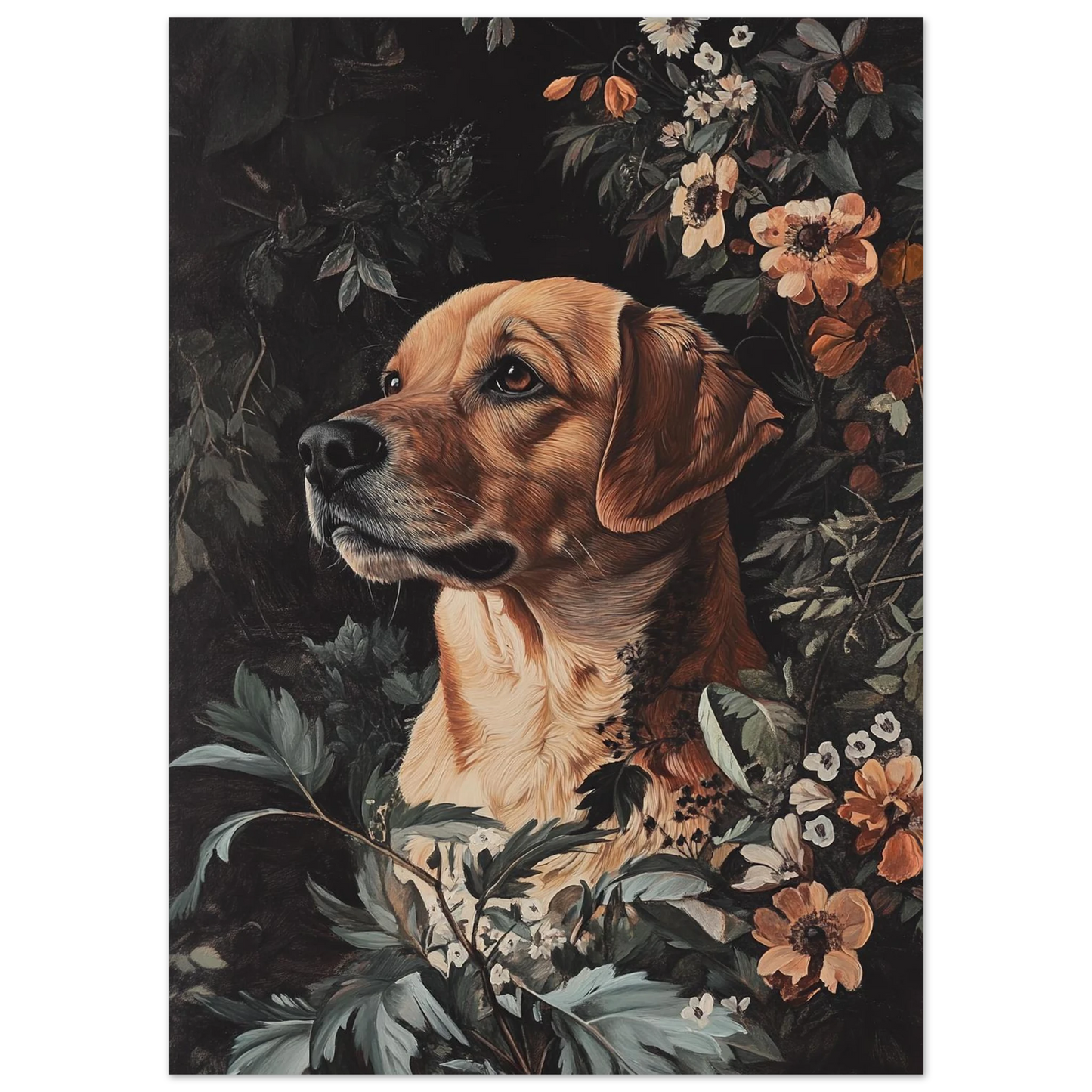 Närbild på hundmotiv med varm päls mot en botanisk bakgrund