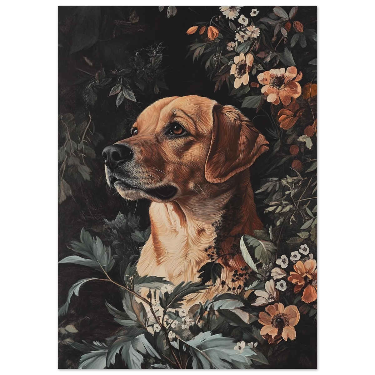 Närbild på hundmotiv med varm päls mot en botanisk bakgrund