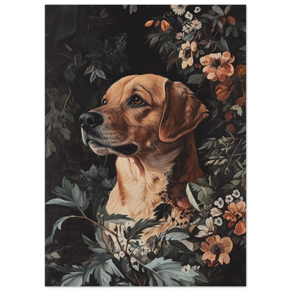 Närbild på hundmotiv med varm päls mot en botanisk bakgrund